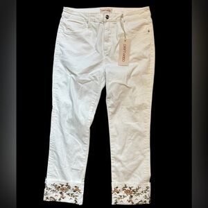 Driftwood Colette floral embroidered cuff white jeans NWT 31x26